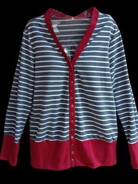 YIK FUNG Womens Button Up Striped Top Cardigan Long Sleeves Gray White Red Large